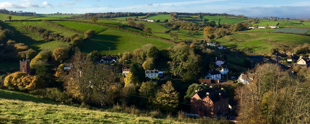 Image of the village of Combeinteignhead and surrounding fields taken from a hill overlooking the village