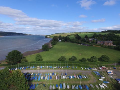 Aerial view of Hearn Field and the River Teign, looking towards the river mouth